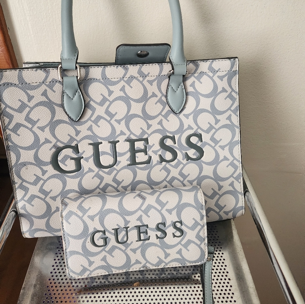 GUESS Light Gray Monogram Tote and Wallet